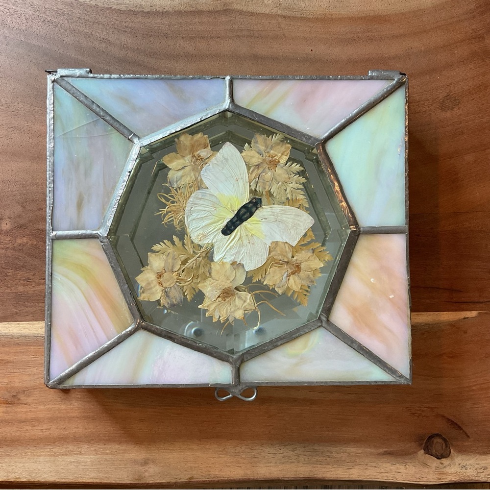 Vintage Stained Glass and Pressed Flower Jewelry Box Mirrored Hinge Top